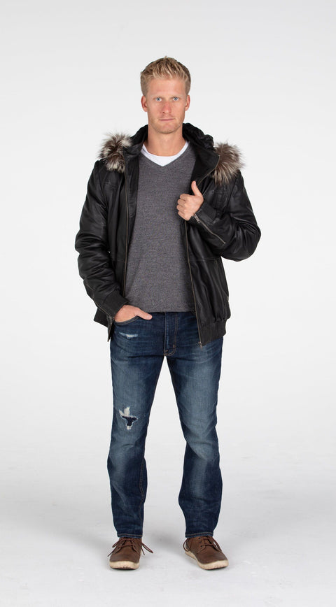 Leather Jacket - Mens Silver Fox Look Fur Hooded Leather Jacket - Clearance