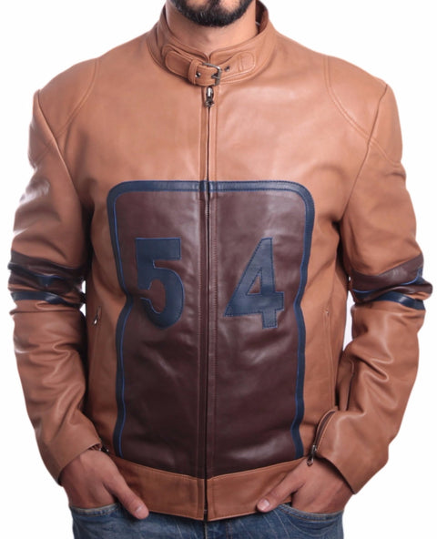 Mens Tan Cowhide Racing Leather Jacket, [option2] - Fadcloset