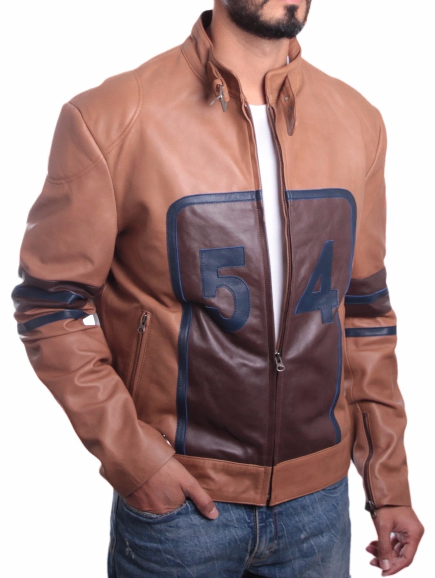 Mens Tan Cowhide Racing Leather Jacket, [option2] - Fadcloset