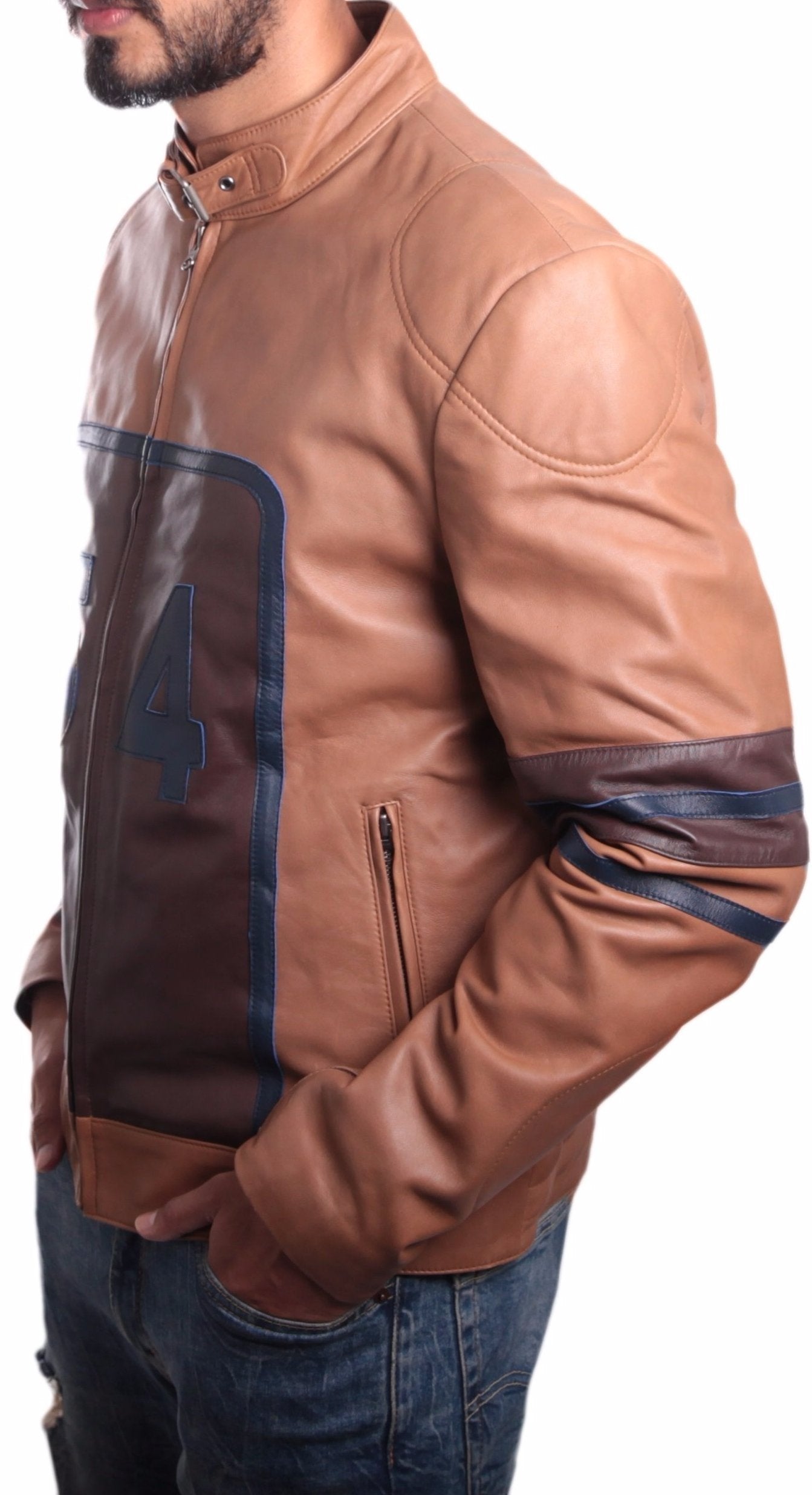 Mens Tan Cowhide Racing Leather Jacket, [option2] - Fadcloset