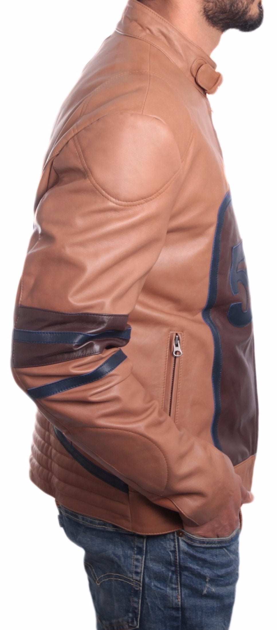 Mens Tan Cowhide Racing Leather Jacket, [option2] - Fadcloset