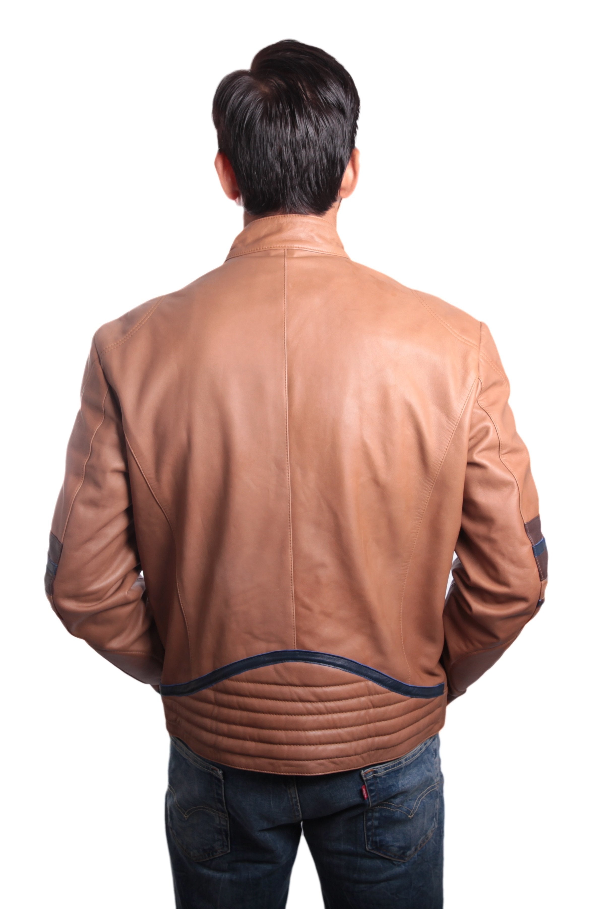 Mens Tan Cowhide Racing Leather Jacket, [option2] - Fadcloset