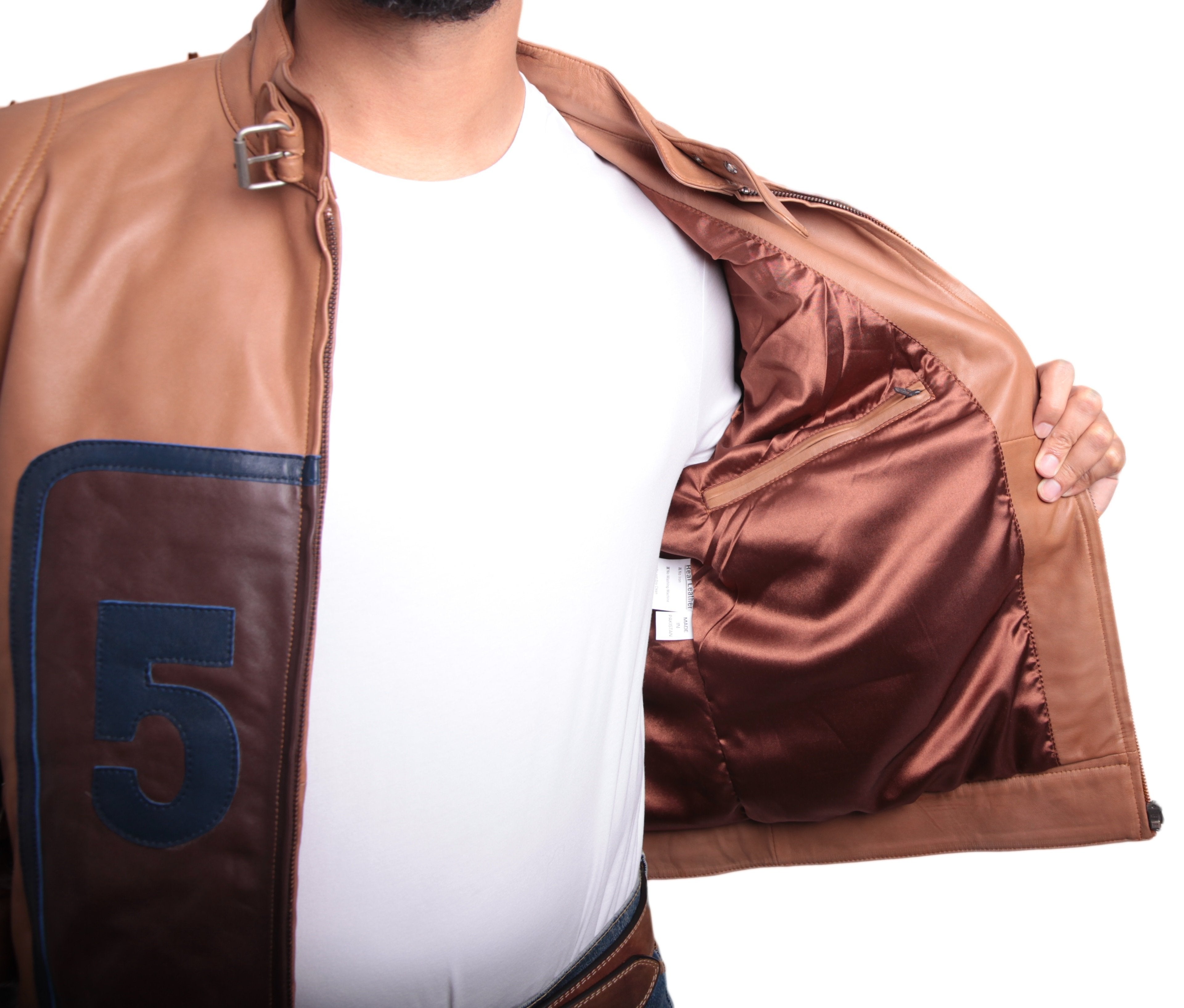 Mens Tan Cowhide Racing Leather Jacket, [option2] - Fadcloset