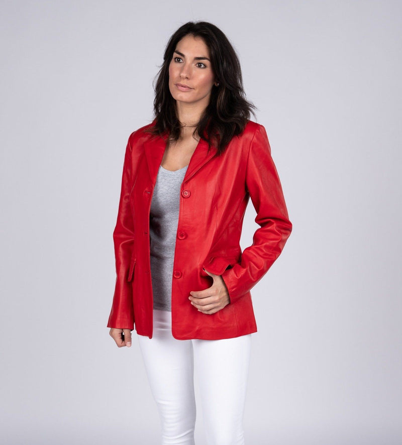 Womens Leather Blazer - Womens Lipstick Red Hot 3 Button Leather Blazer