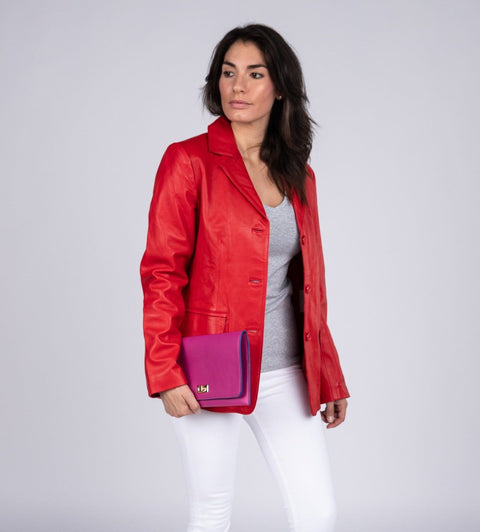 Womens Leather Blazer - Womens Lipstick Red Hot 3 Button Leather Blazer