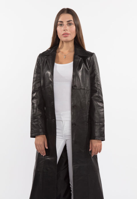 Womens Leather Coat - Ladies 3 Button Matrix Black Full Length Leather Coat
