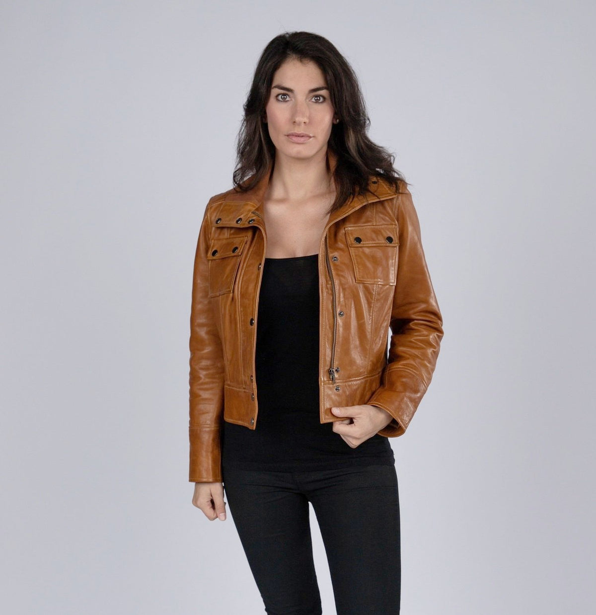 Arlet Womens Leather Short Jacket Tan, [option2] - Fadcloset
