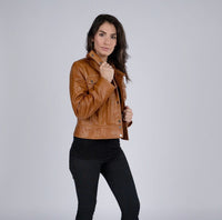 Arlet Womens Leather Short Jacket Tan, [option2] - Fadcloset