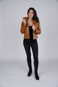 Arlet Womens Leather Short Jacket Tan, [option2] - Fadcloset