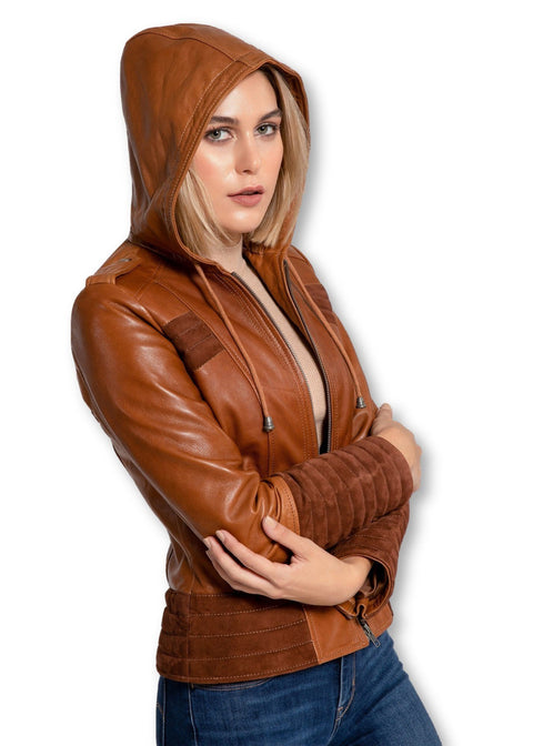 Womens Leather Jacket - Arya Brown Suede Leather Womens Hooded Leather Jacket - Clearance