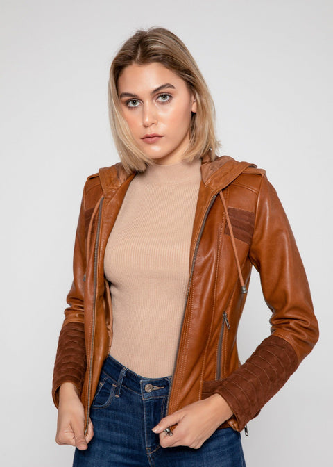 Womens Leather Jacket - Arya Brown Suede Leather Womens Hooded Leather Jacket - Clearance