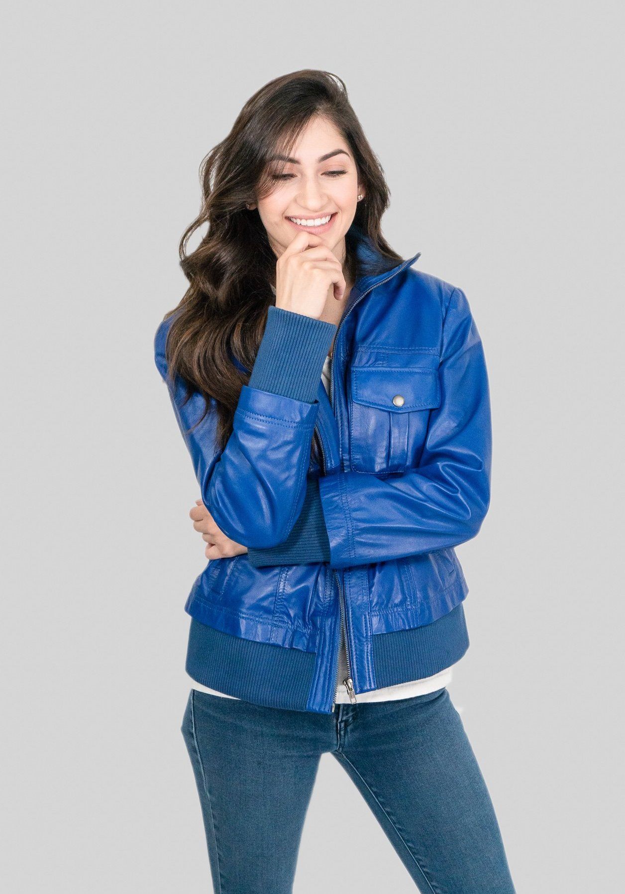 Womens Leather Jacket - Bailey Womens Leather Bomber Jacket Blue