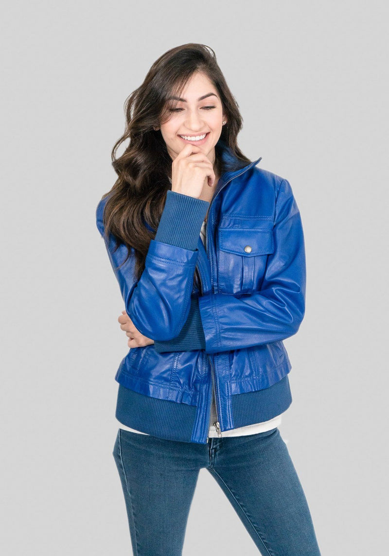 Womens Leather Jacket - Bailey Womens Leather Bomber Jacket Blue