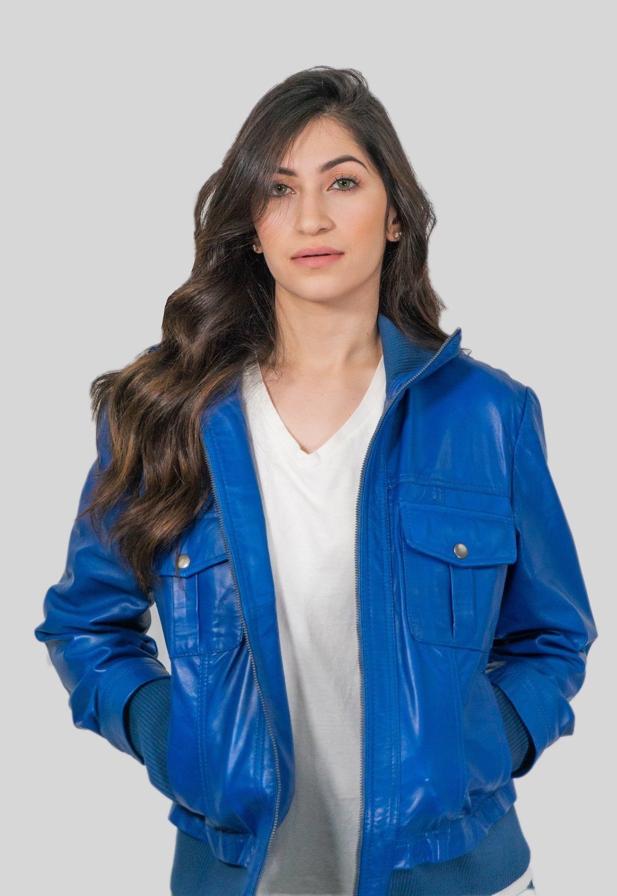 Womens Leather Jacket - Bailey Womens Leather Bomber Jacket Blue