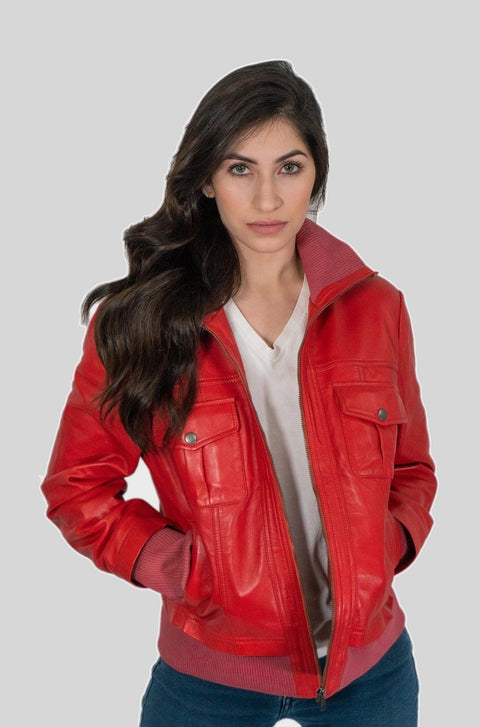 Womens Leather Jacket - Bailey Womens Leather Bomber Jacket Red