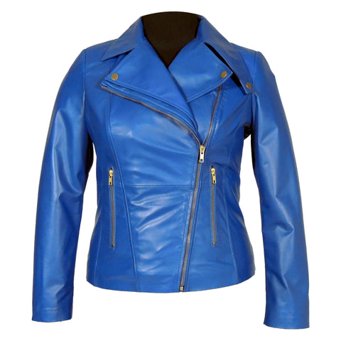 Charlotte Womens Leather Jacket, Blue - Fadcloset