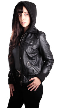 Hooded Bomber Womens Leather Jacket, [option2] - Fadcloset