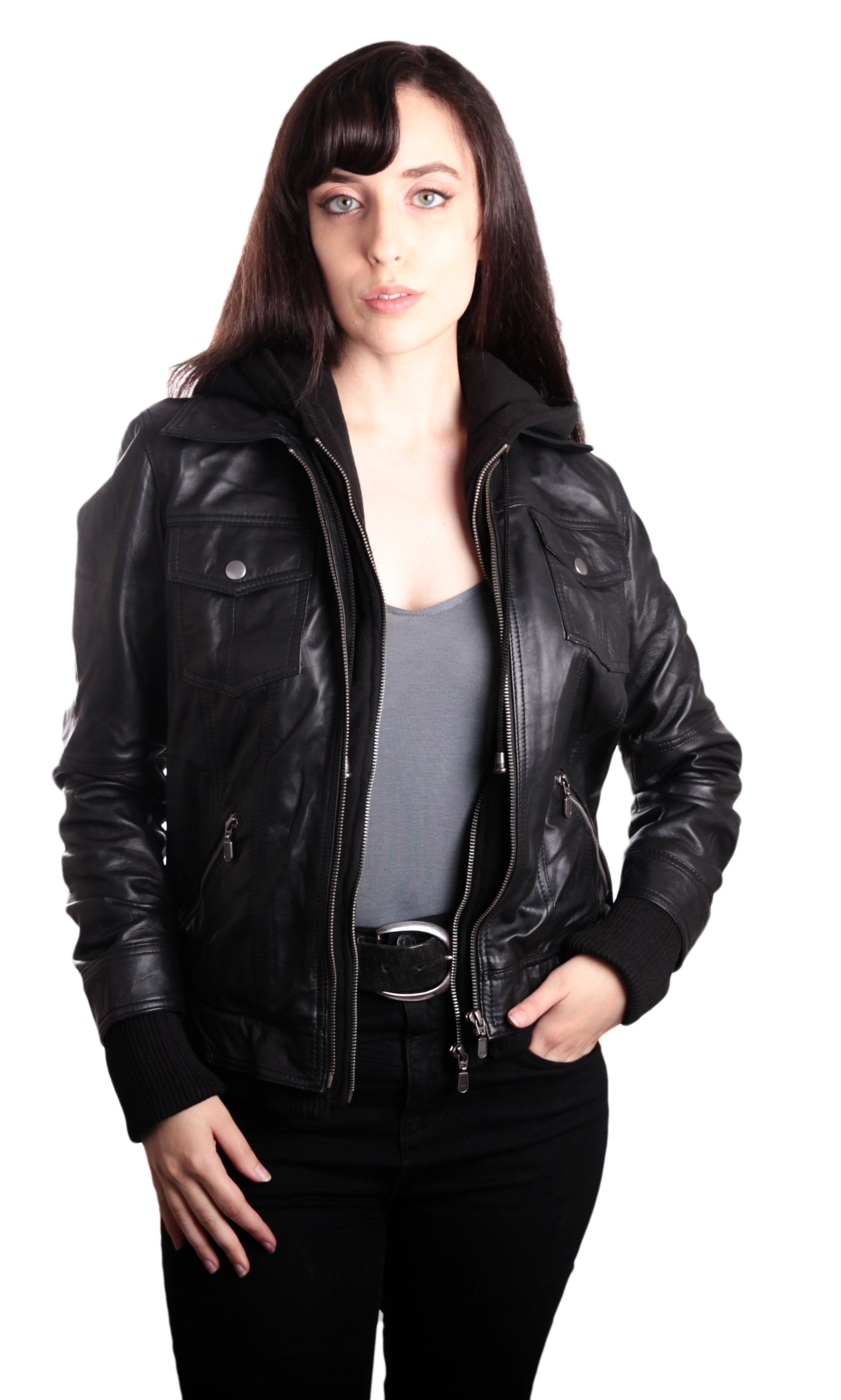 Hooded Bomber Womens Leather Jacket, [option2] - Fadcloset