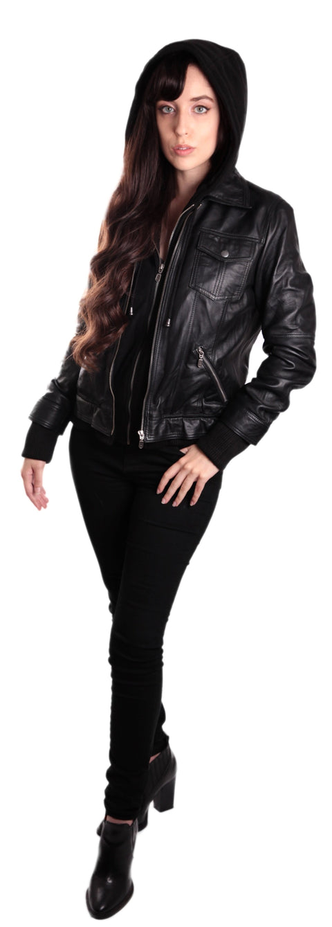 Hooded Bomber Womens Leather Jacket, [option2] - Fadcloset