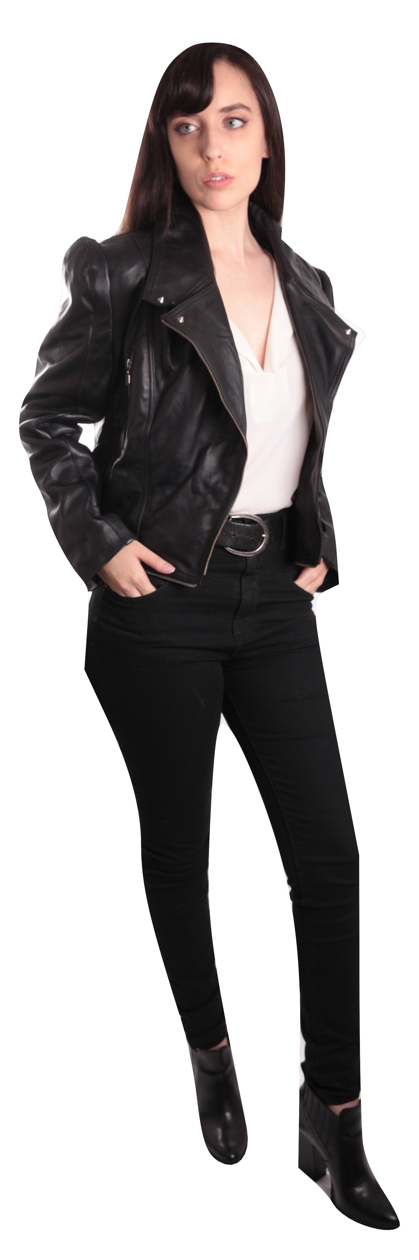 Ladies Anthracite Black Leather Jacket, [option2] - Fadcloset