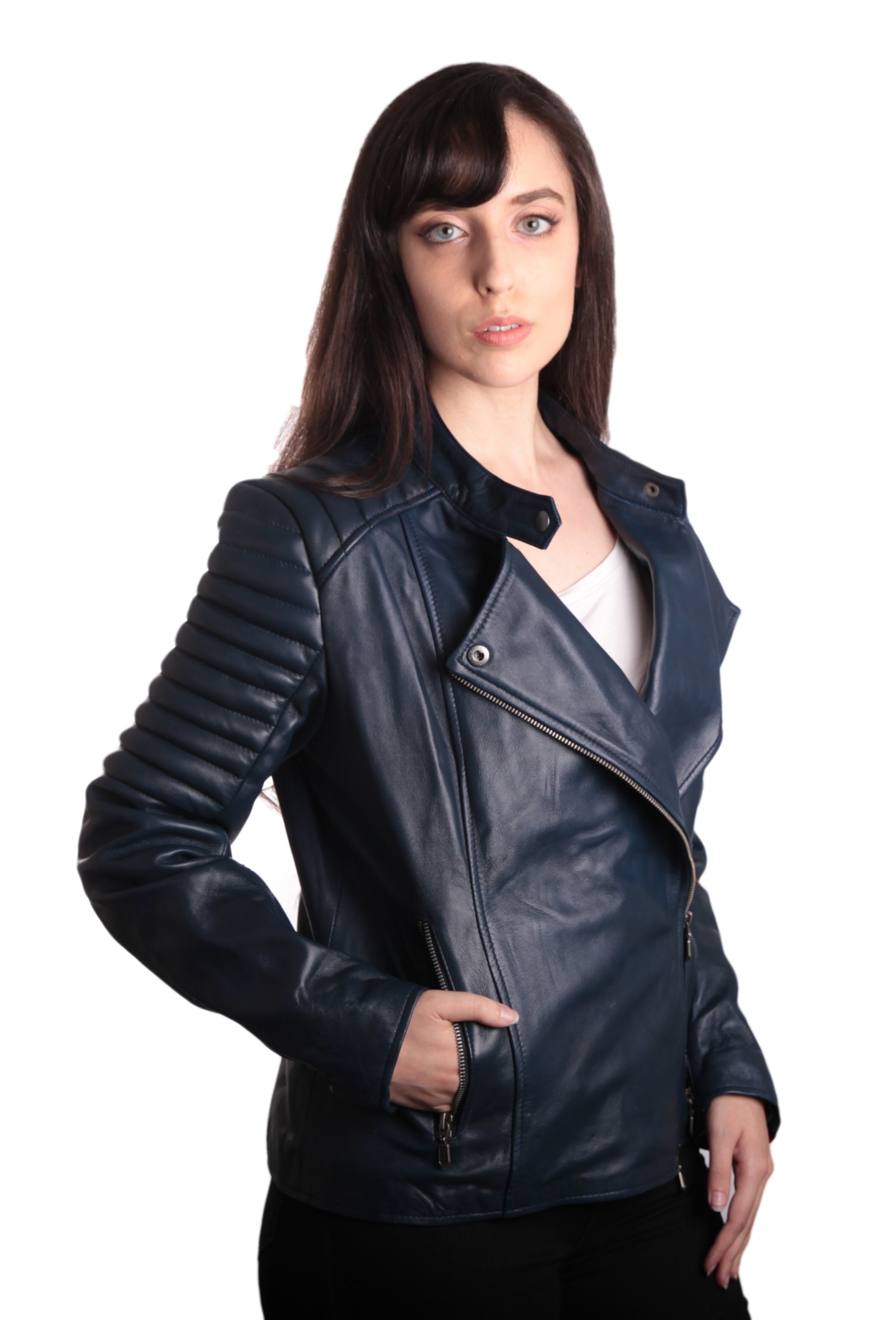 Ladies Bella Navy Blue Carla Leather Jacket, [option2] - Fadcloset