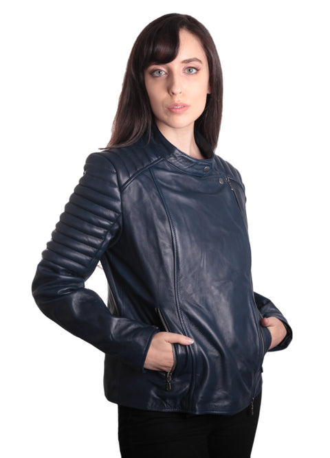 Ladies Bella Navy Blue Carla Leather Jacket, [option2] - Fadcloset
