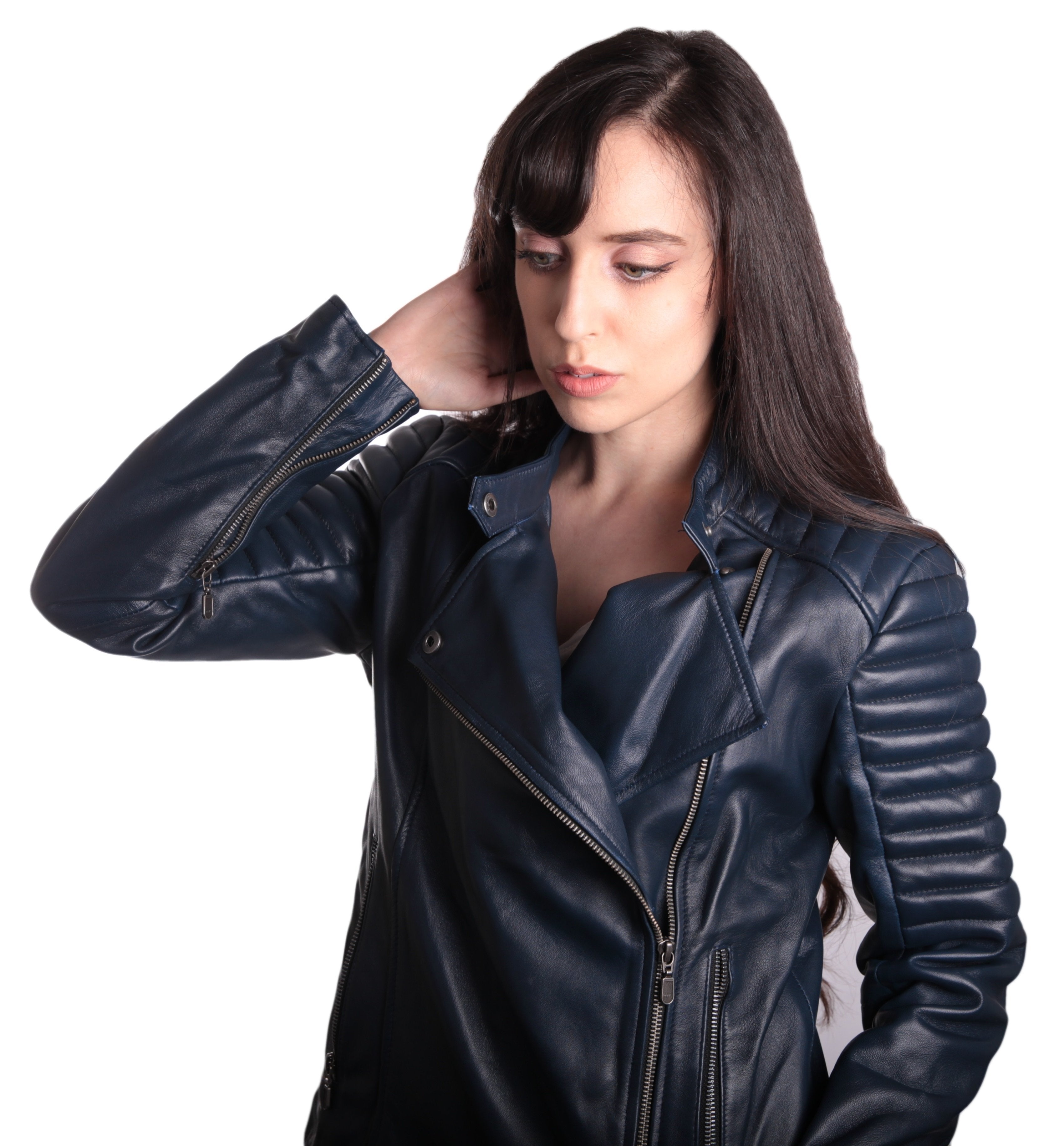 Ladies Bella Navy Blue Carla Leather Jacket, [option2] - Fadcloset