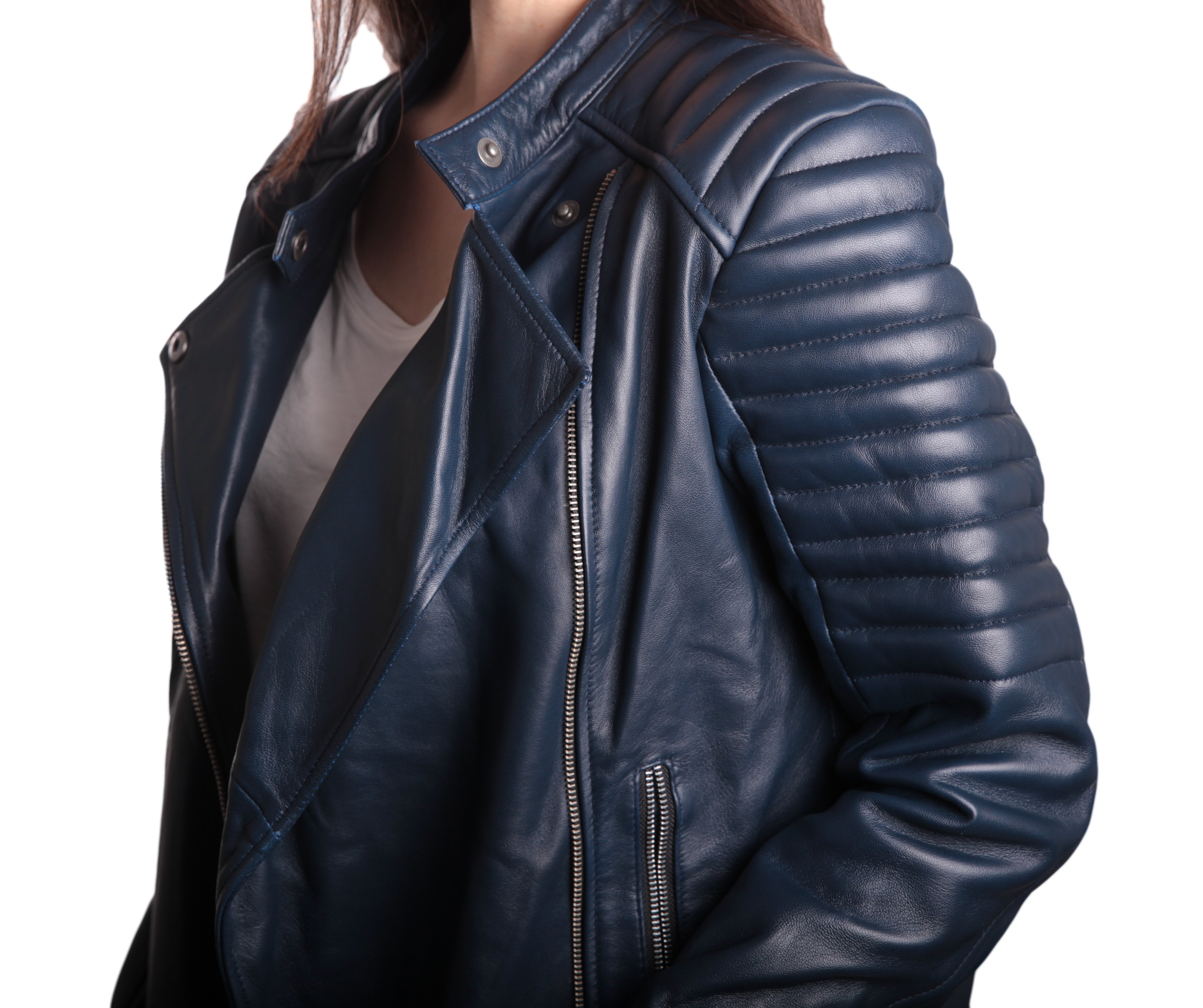 Ladies Bella Navy Blue Carla Leather Jacket, [option2] - Fadcloset