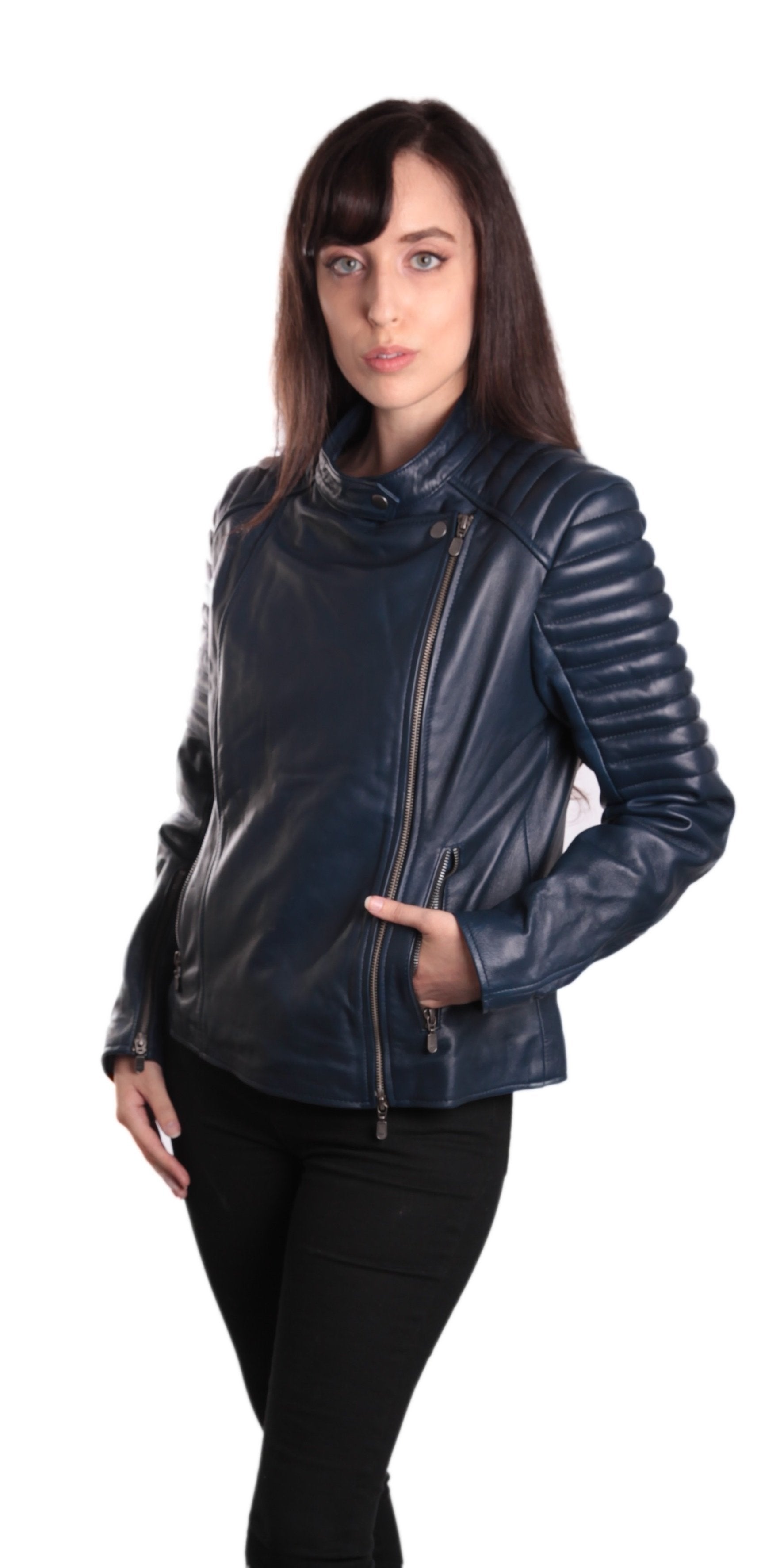 Ladies Bella Navy Blue Carla Leather Jacket, [option2] - Fadcloset