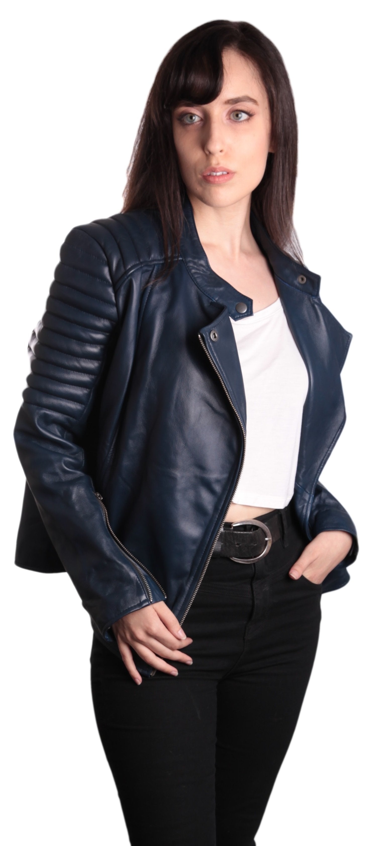 Ladies Bella Navy Blue Carla Leather Jacket, [option2] - Fadcloset
