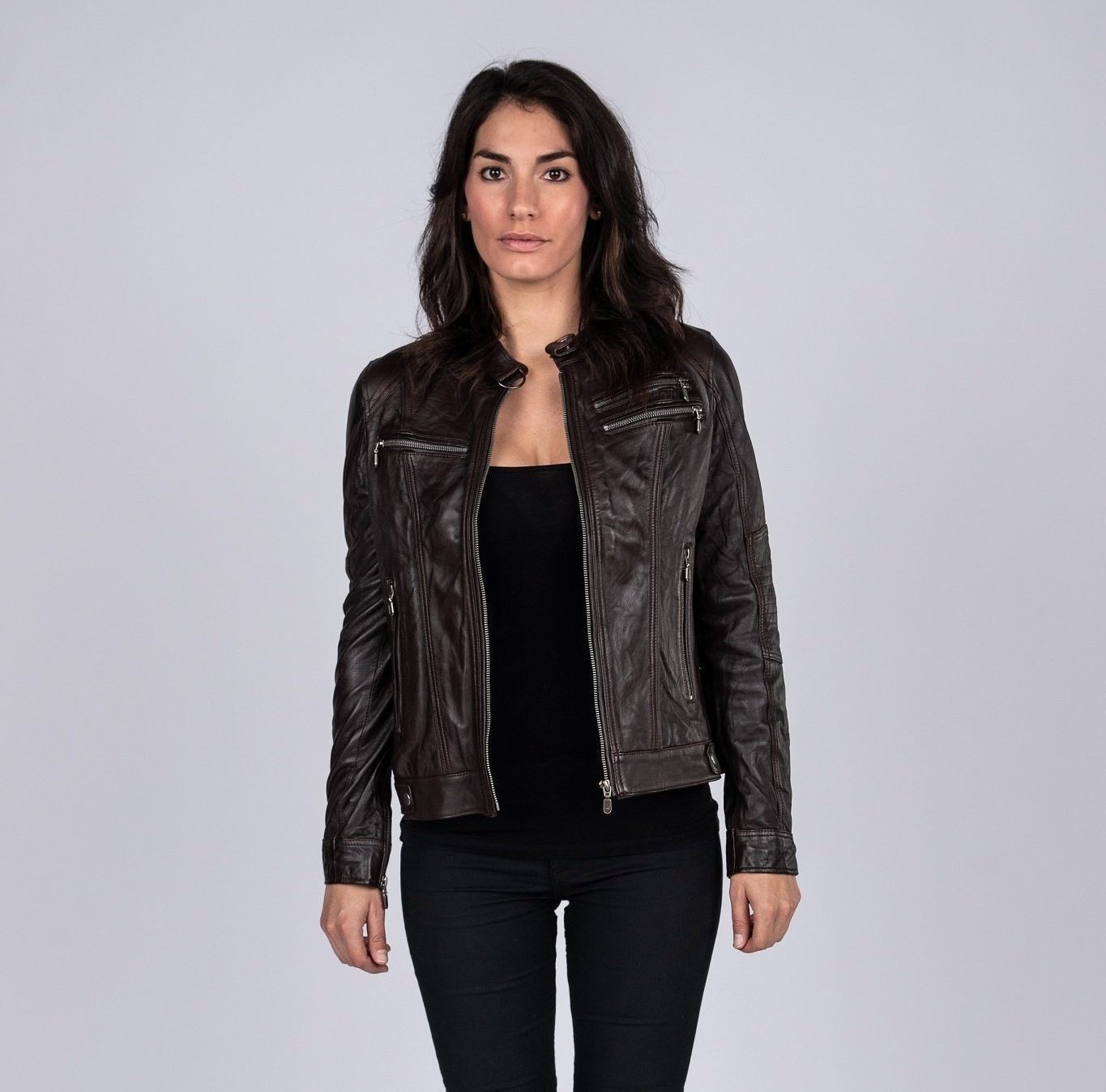 Ladies Elektra Washed Leather Jacket Brown, [option2] - Fadcloset