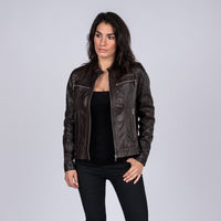 Ladies Elektra Washed Leather Jacket Brown, [option2] - Fadcloset