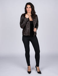 Ladies Elektra Washed Leather Jacket Brown, [option2] - Fadcloset