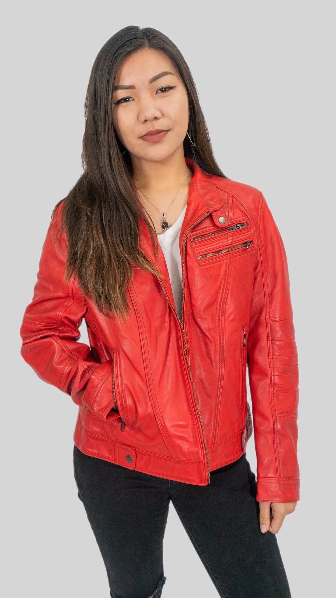 Womens Leather Jacket - Ladies Elektra Washed Leather Jacket Red