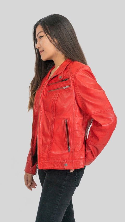 Womens Leather Jacket - Ladies Elektra Washed Leather Jacket Red