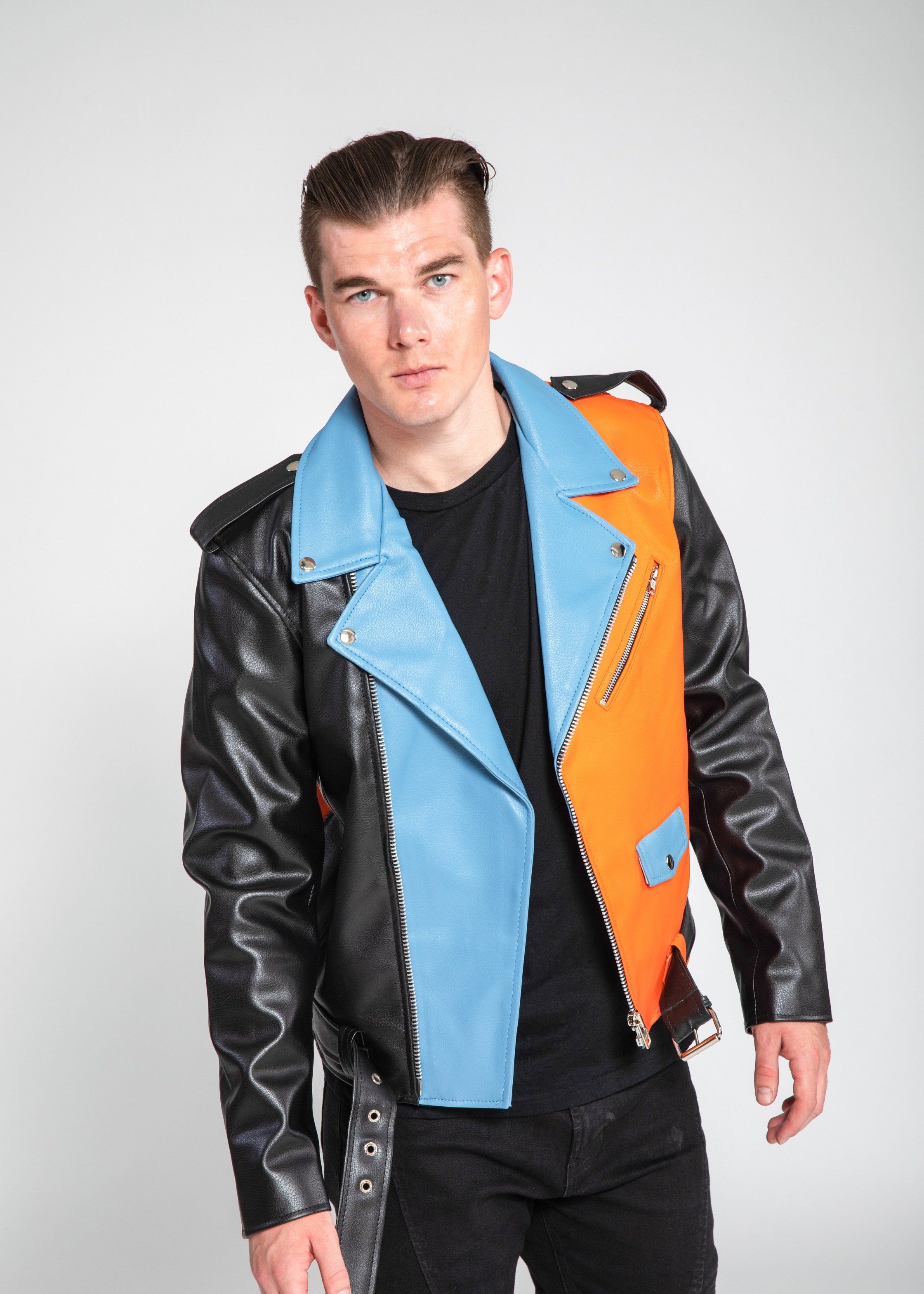 Womens Leather Jacket - Men's Block Print Moto Style Faux Leather Jacket - Aqua Blue/Orange