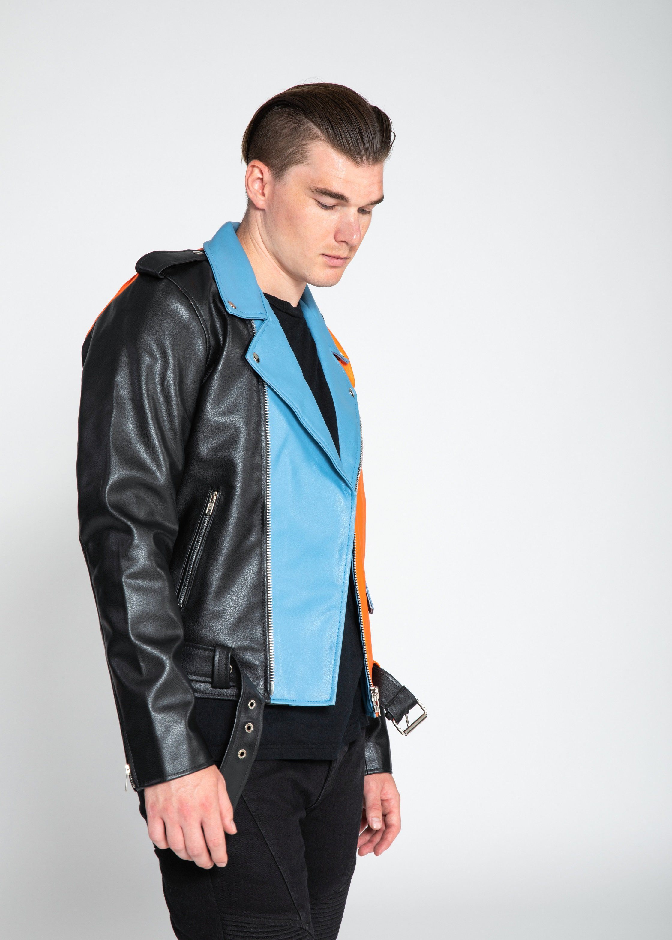 Womens Leather Jacket - Men's Block Print Moto Style Faux Leather Jacket - Aqua Blue/Orange