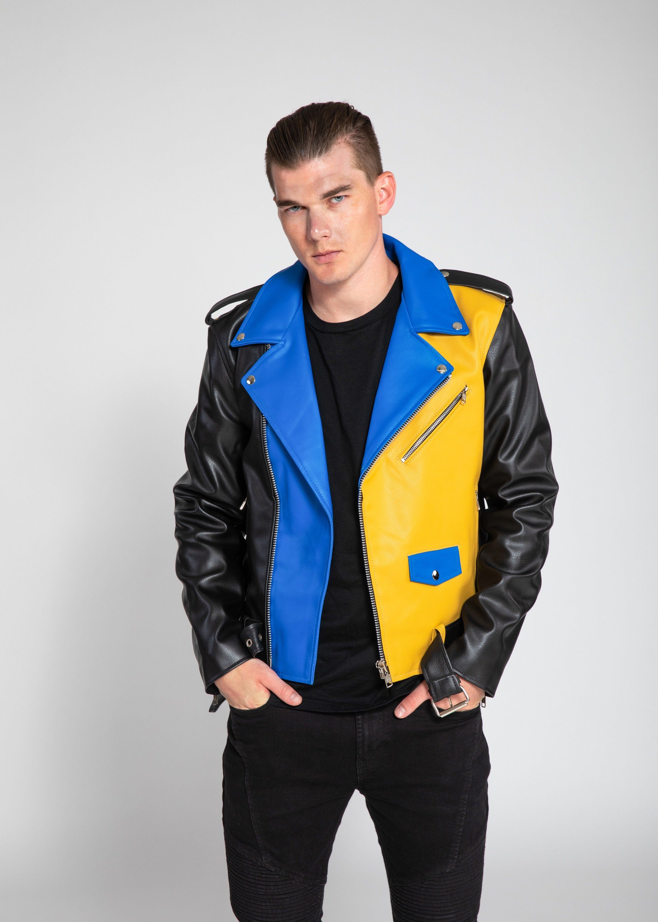 Womens Leather Jacket - Men's Block Print Moto Style Faux Leather Jacket - Blue/Yellow