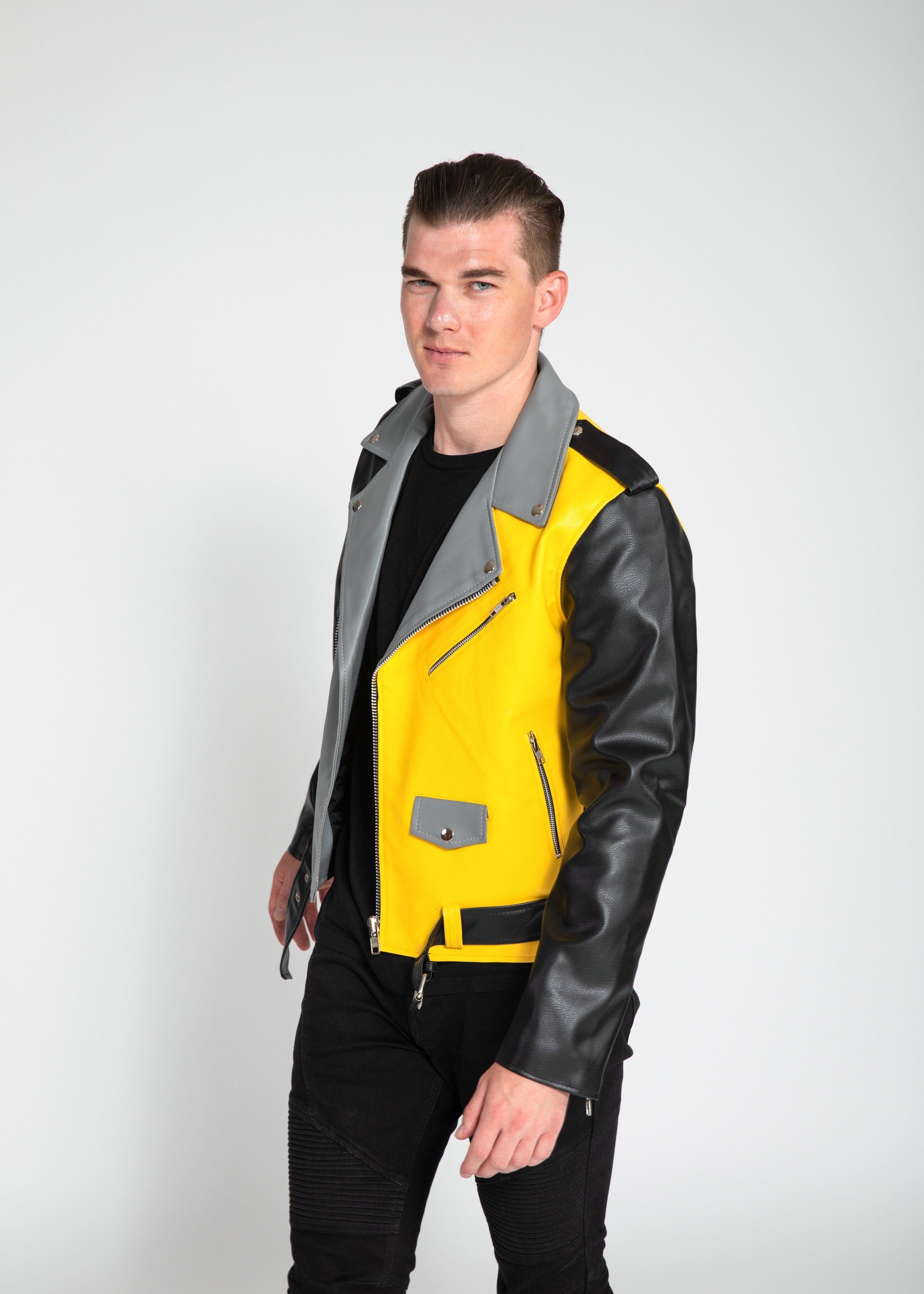 Womens Leather Jacket - Men's Block Print Moto Style Faux Leather Jacket - Yellow/Gray