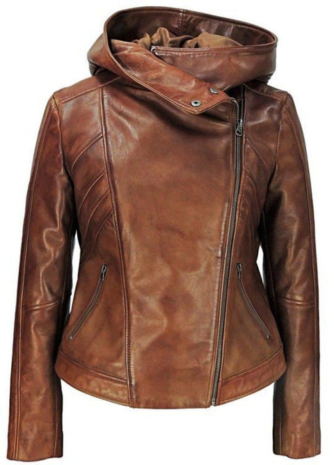 Womens Leather Jacket - Sasha High Fashion Womens Hooded Leather Jacket