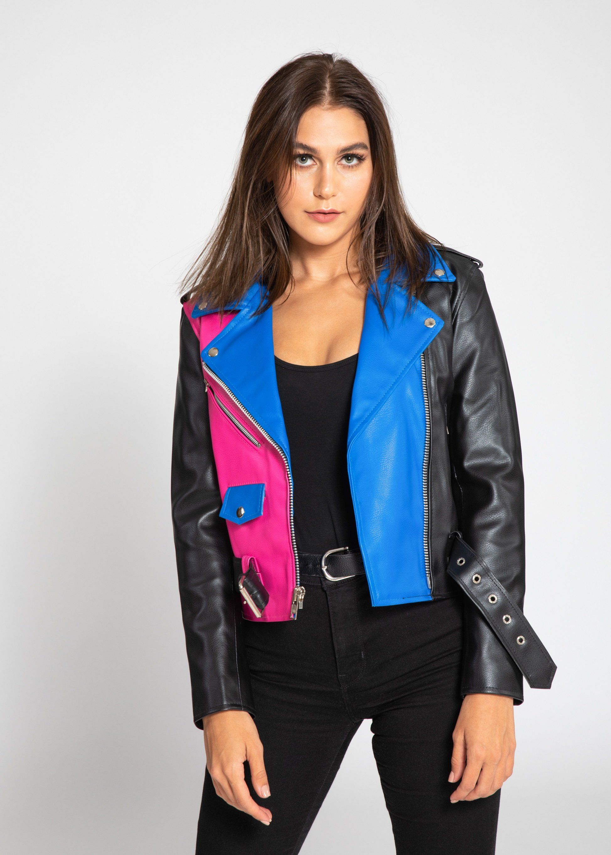 Womens Leather Jacket - Women's Block Print Moto Style Faux Leather Jacket - Pink/Blue