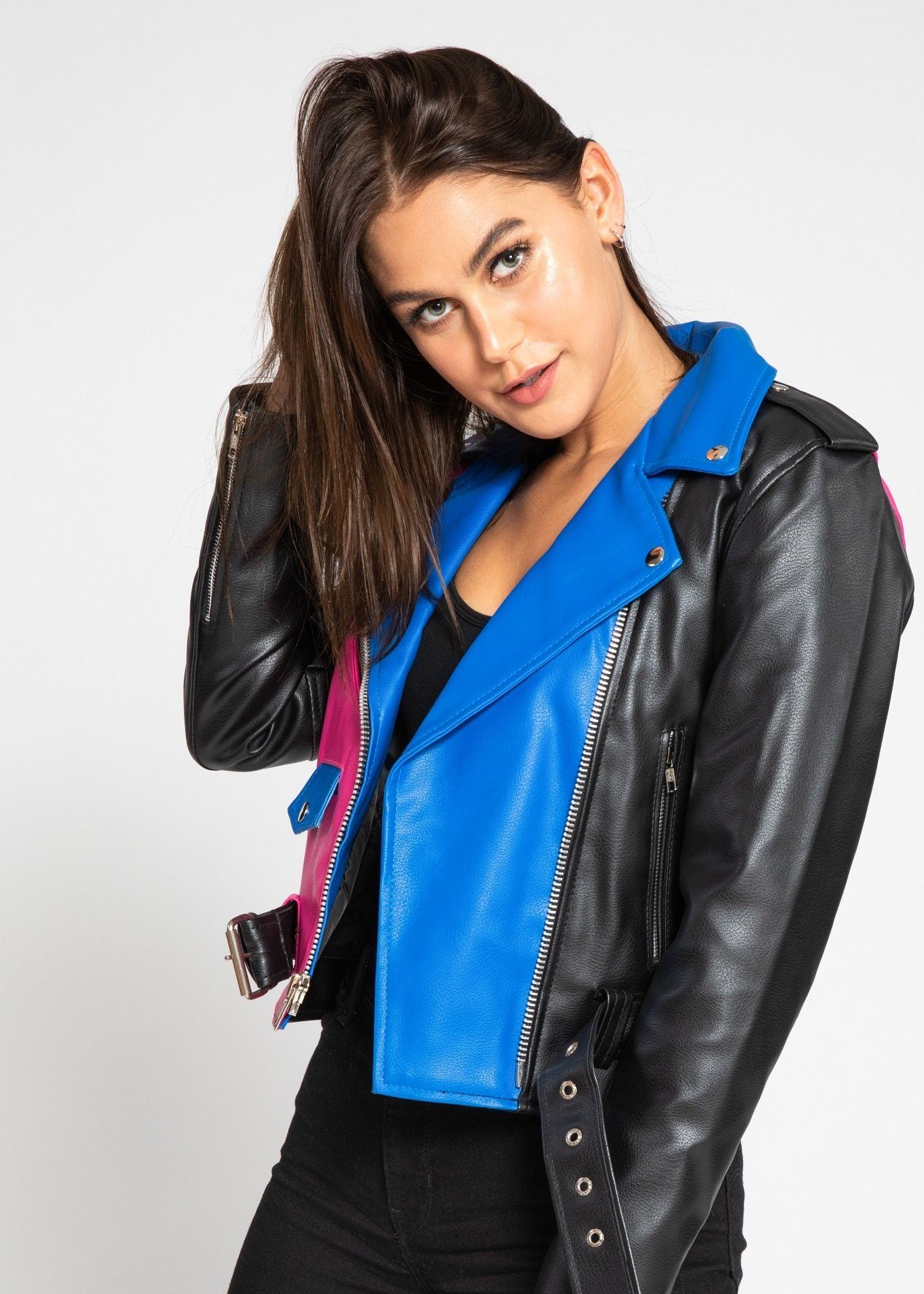 Womens Leather Jacket - Women's Block Print Moto Style Faux Leather Jacket - Pink/Blue