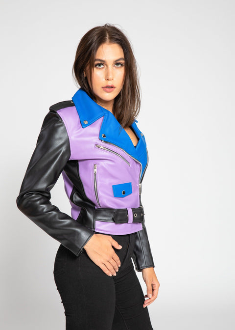 Womens Leather Jacket - Women's Block Print Moto Style Faux Leather Jacket - Purple/Blue
