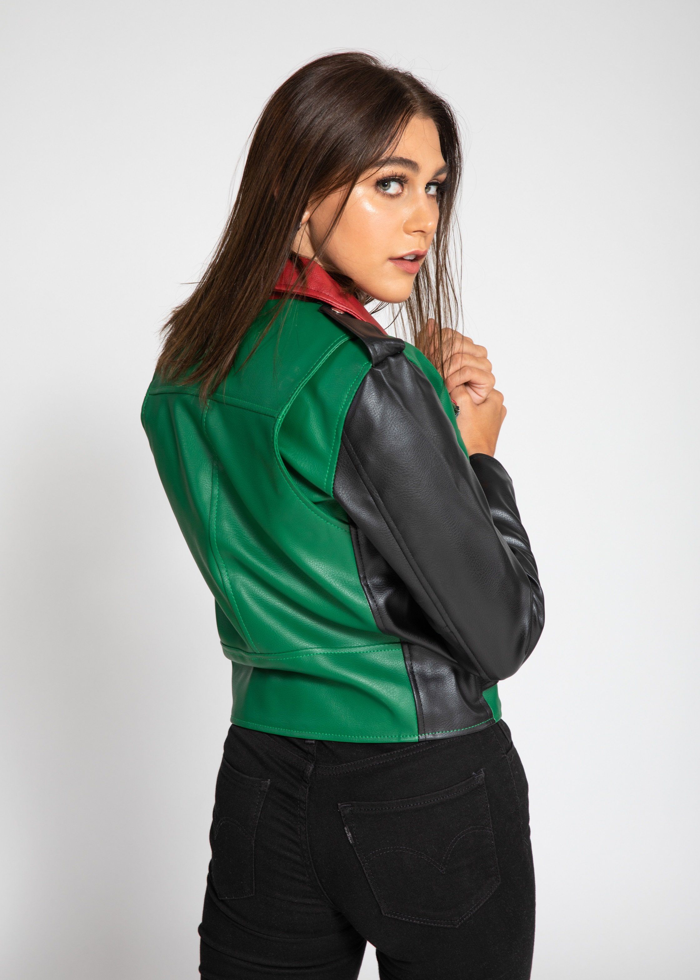 Womens Leather Jacket - Women's Block Print Moto Style Faux Leather Jacket - Red/Green