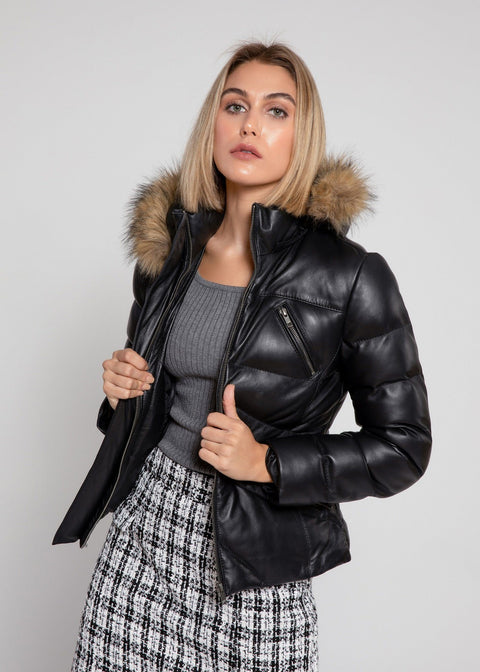 Womens Leather Jacket - Women's Joselyn Black Puffer Winter Down Leather Jacket With Fur