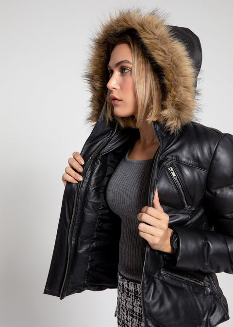 Womens Leather Jacket - Women's Joselyn Black Puffer Winter Down Leather Jacket With Fur