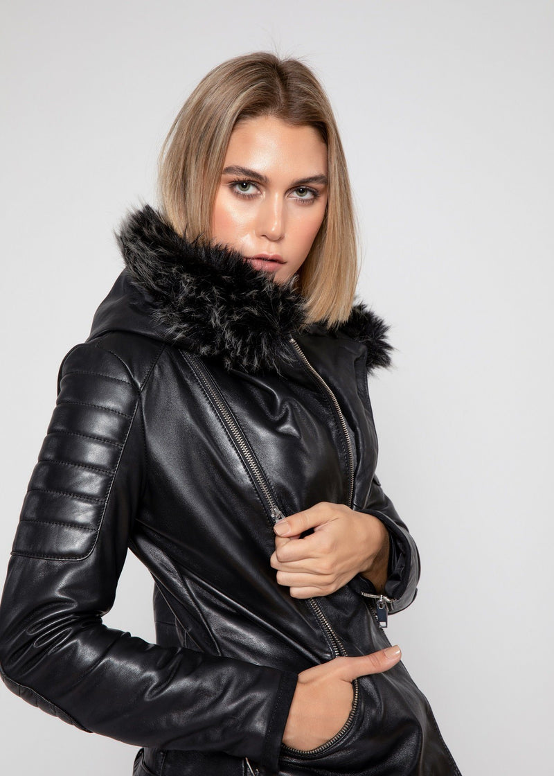 Womens Leather Jacket - Women's Poseidon Leather Jacket With Fur Hoodie