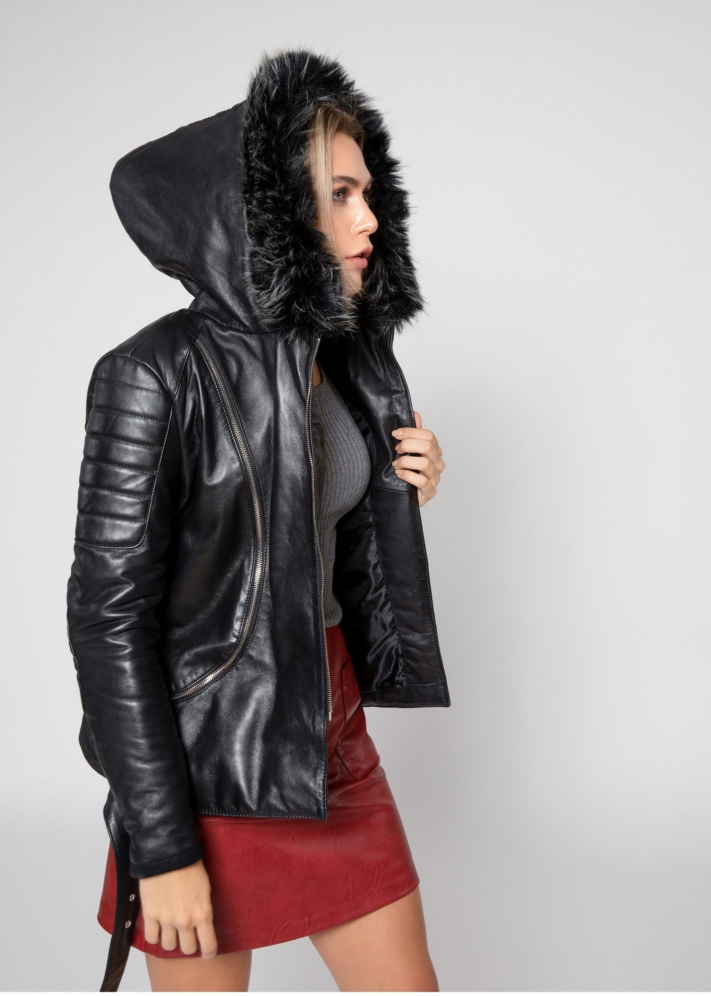 Womens Leather Jacket - Women's Poseidon Leather Jacket With Fur Hoodie