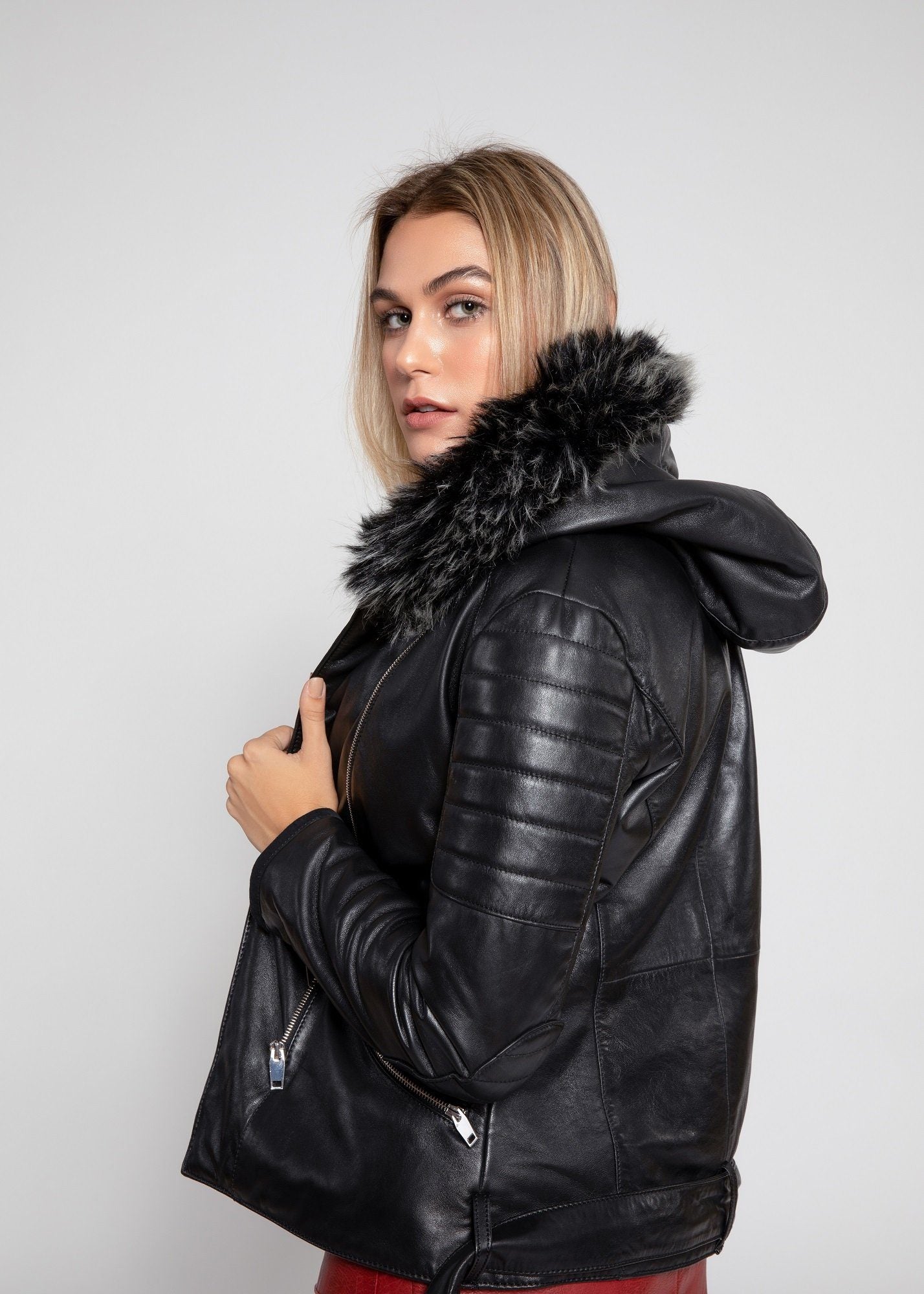 Womens Leather Jacket - Women's Poseidon Leather Jacket With Fur Hoodie