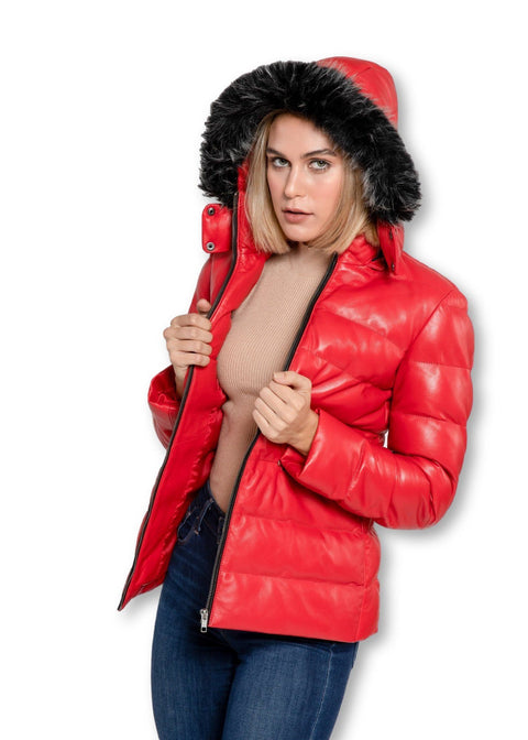 Womens Leather Jacket - Women's Striking Puffer Arctic Red Down Leather Jacket With Fur